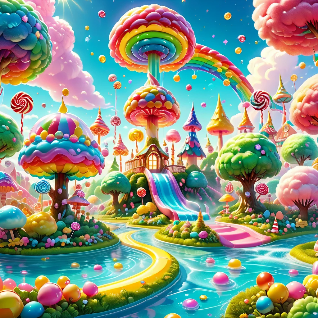 candyland,  Amusement park made of candy, magical forest, colorful candy towers, glistening rooftops, rainbow bridge, honey river, sparkly water, sweet aroma, lollipop trees, cotton candy bushes, vibrant lively atmosphere, floating shiny particles, children playing, candy slides, jelly trampolines, photo real, Shot on a 50mm lens, classic composition, masterpiece, exquisite, color correction, amazing visual effects, crazy details, intricate details, sharp focus, super high effect, HD, 8k