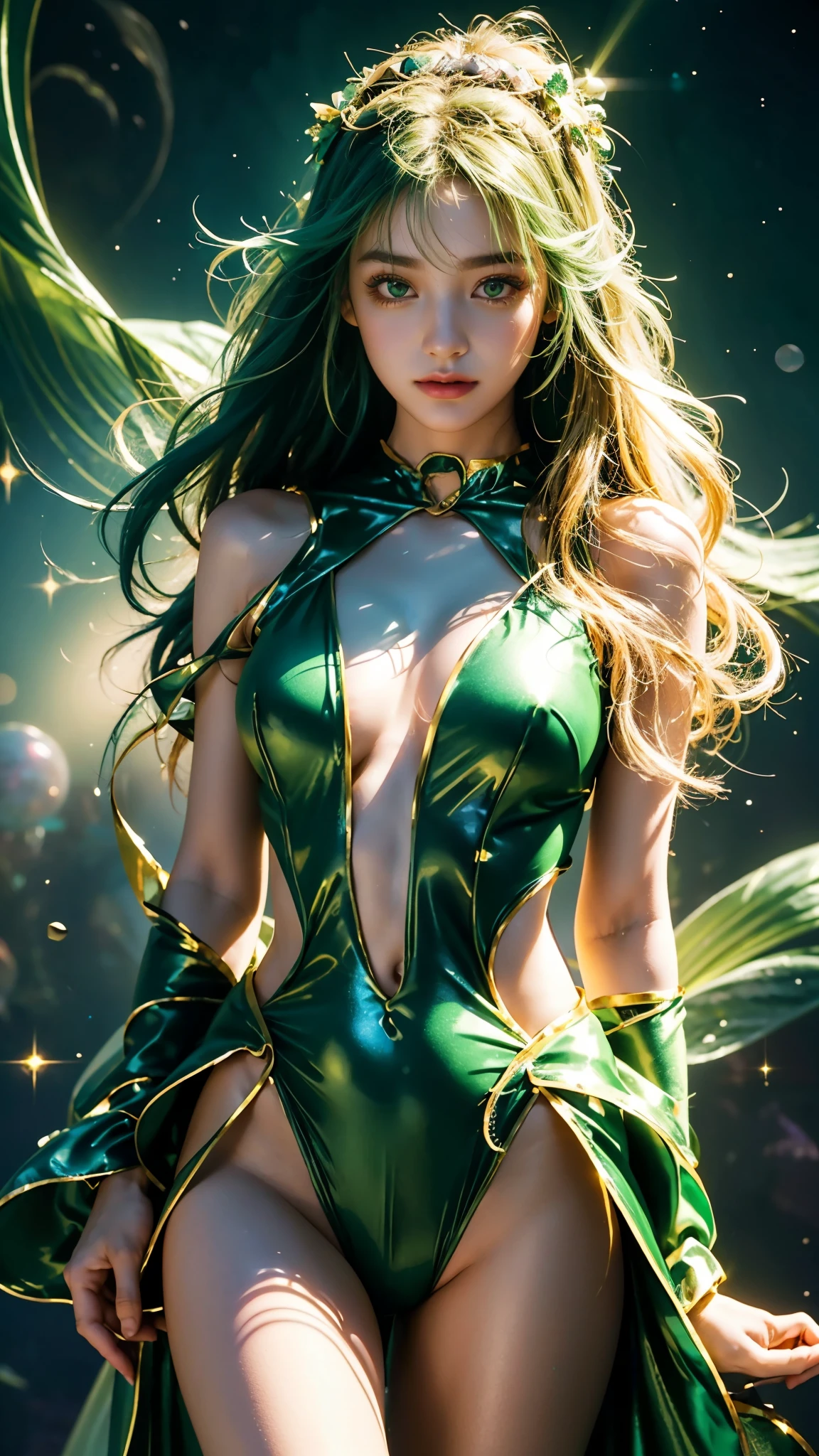 4K Ultra HD, Masterpiece, A girl with a magical aura, (good face:1.2), very Long hair, Detailed eyes, Glossy lips, Lolita costume, (green costume:1.5), The aura around the body, Magical effect, Spread white light, Cosmic elements and ethereal atmosphere, A mix of bright lights and colorful nebulae, universe background, Perfect body,