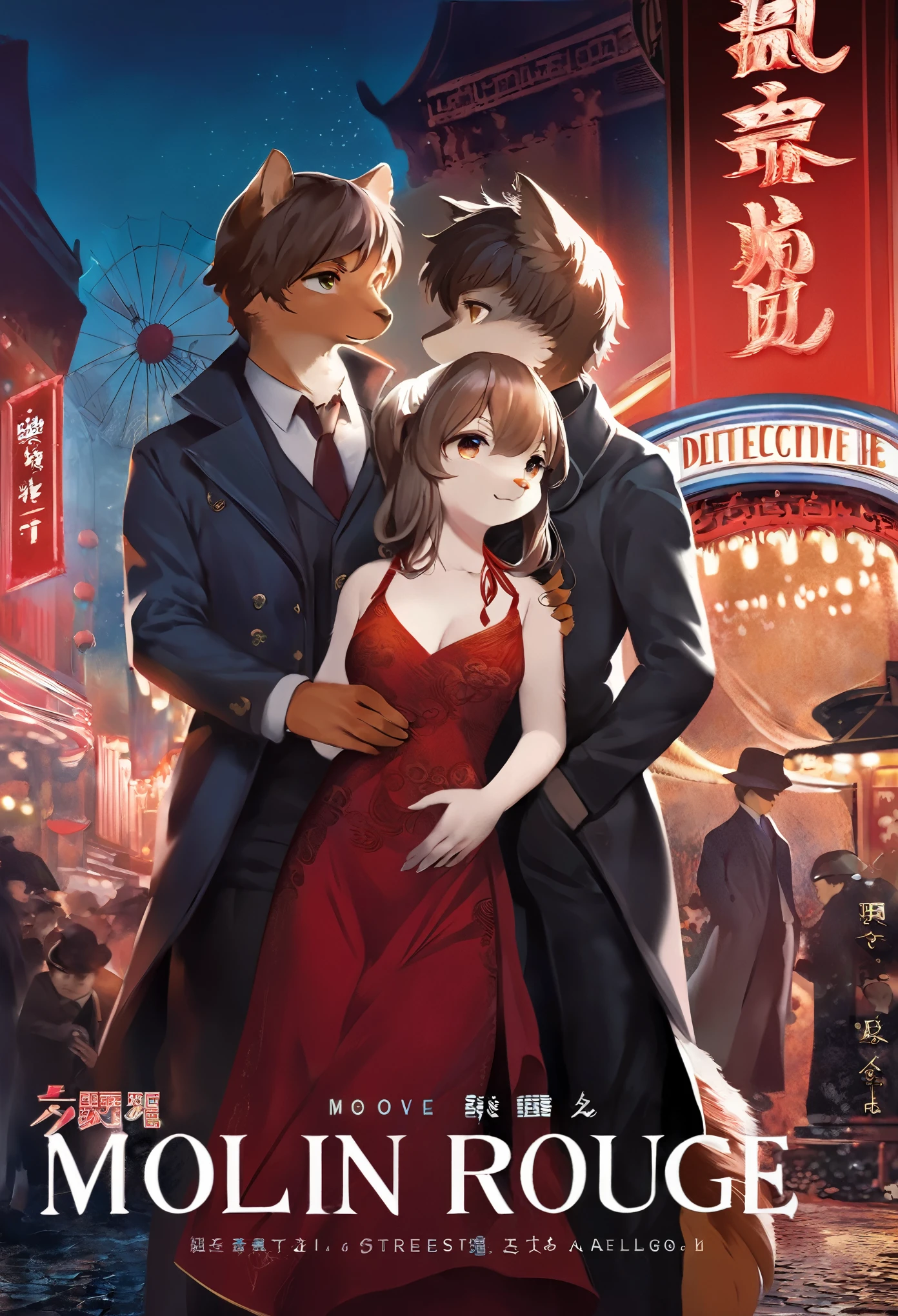 movie poster, movie artwork, concept art of love, romance novel cover, highres, top quality, best quality, perfect artwork, absurdres, perfect anatomy(couple, young 1male detective, 1woman in Chinese dress)(furry, kemono, anthro) in a city street at night, moulin rouge,