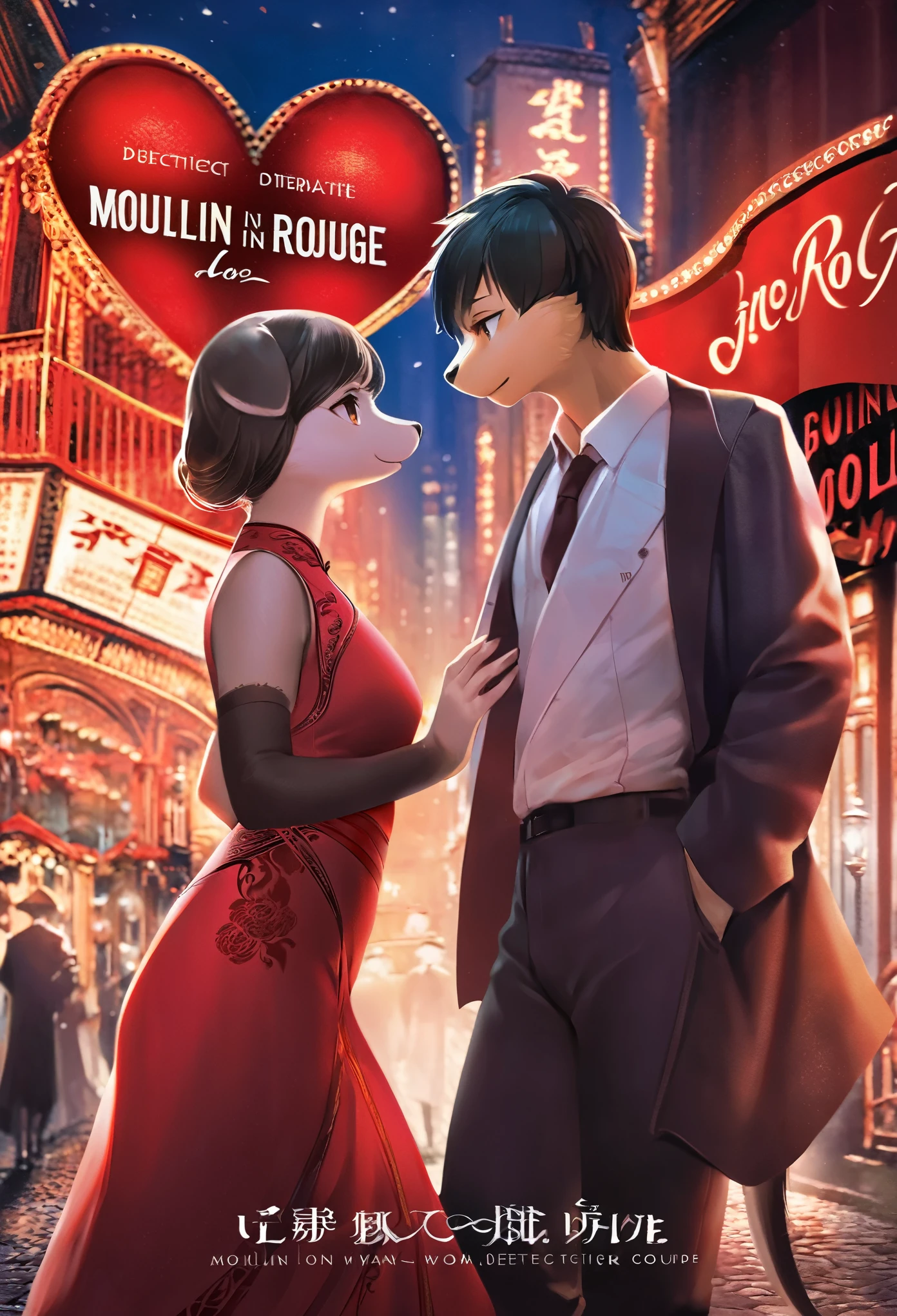 top quality, highres, High-quality illustrations, unparalleled masterpiece, arafed image of a couple in a city street at night, furry, anthro, kemono, moulin rouge, moulin rouge, movie artwork, concept art of love, movie art, movie poster painting, bestselling movie art poster, romance novel cover, martin ansin, inspired by Vincent Lefevre, belle epoque, romanticis, raphaël, cinematic lighting,