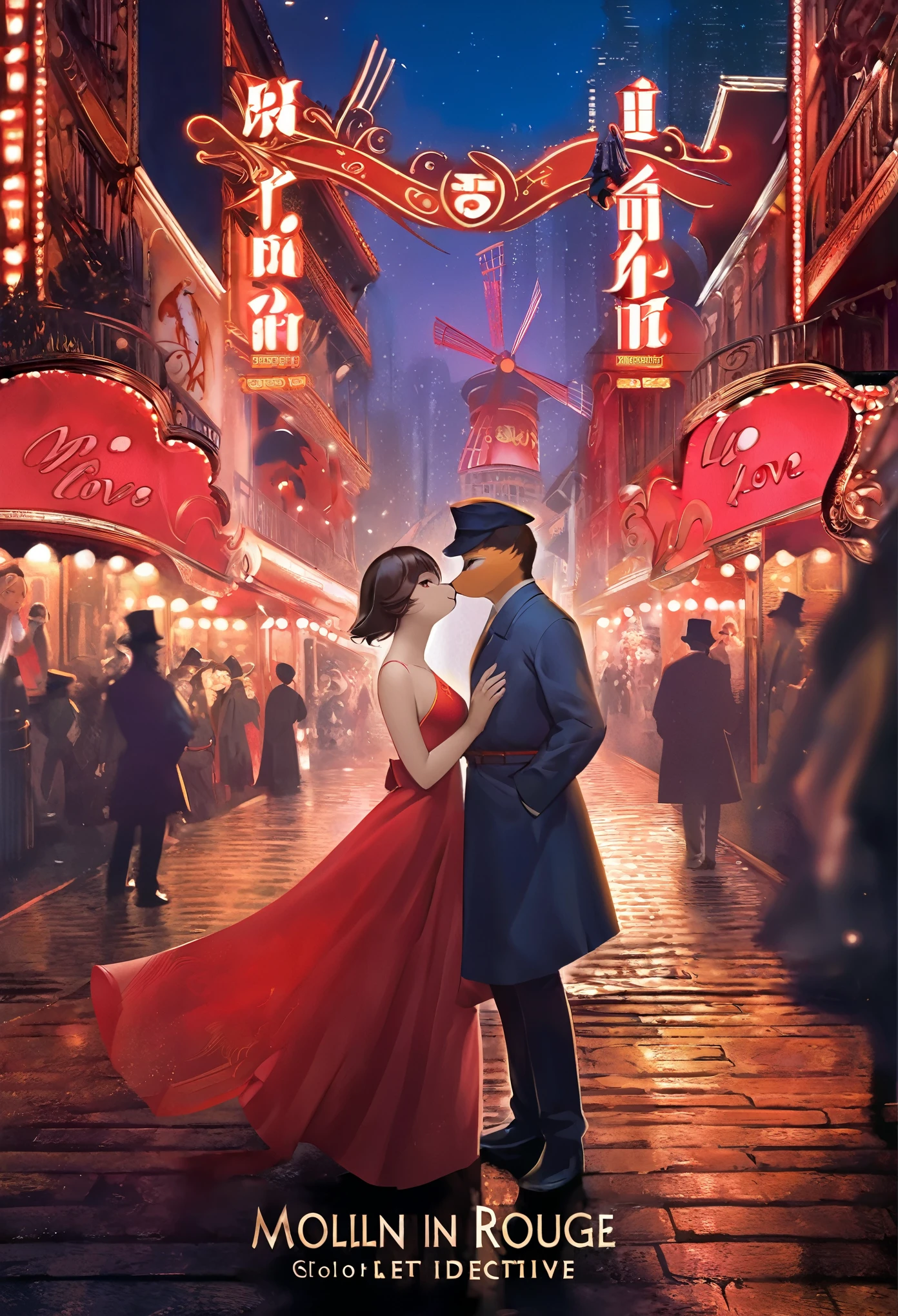 movie poster, movie artwork, concept art of love, romance novel cover, highres, top quality, best quality, perfect artwork, absurdres, perfect anatomy(couple, young 1male detective, 1woman in Chinese dress)(furry, kemono, anthro) in a city street at night, moulin rouge,