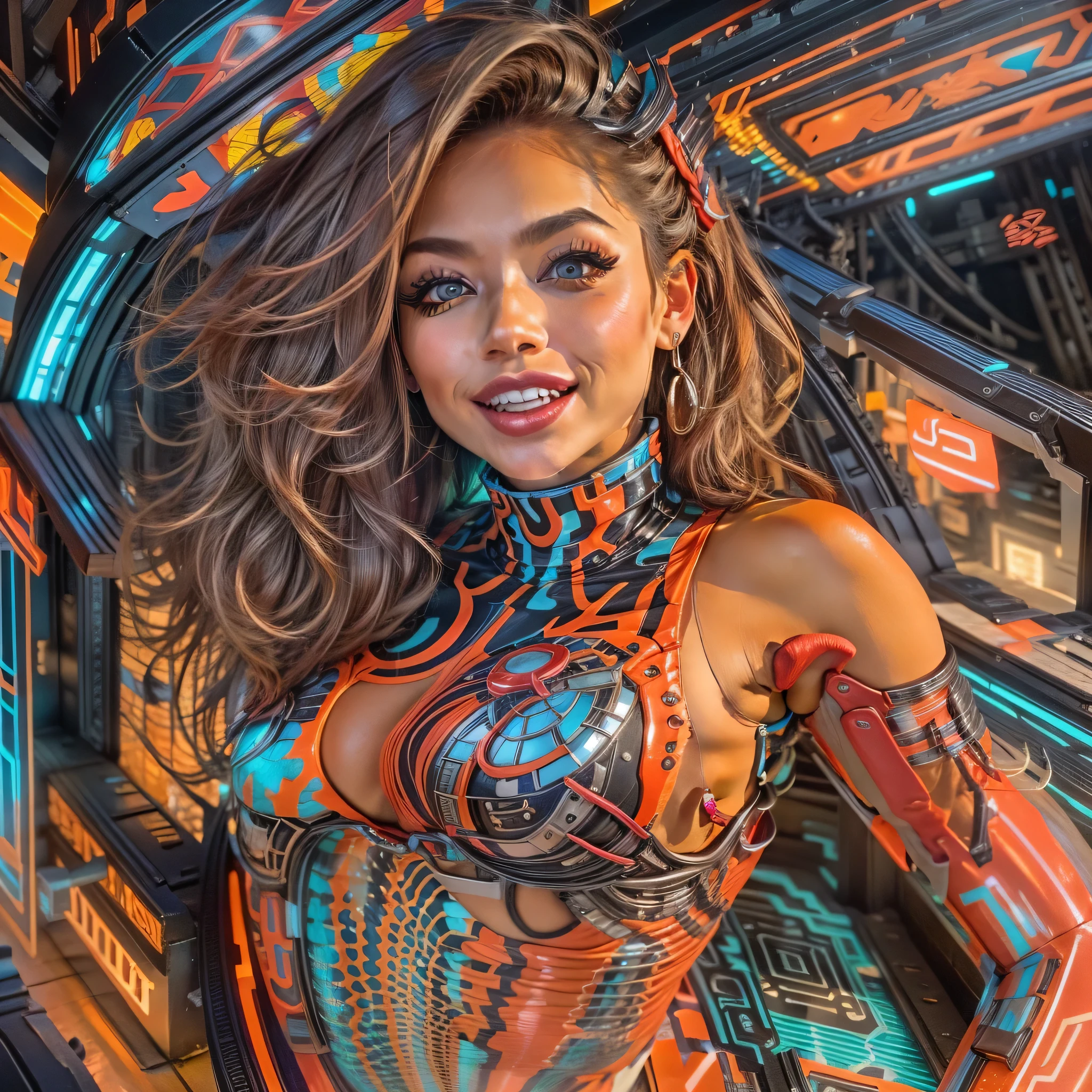Cartoon style, 4k, FHD, work of art, ((high quality, high details):1.4), (looking away from the viewer, making a playful expression, wide smile, light tan skin, intricate details of facial features, big eyes, full lips, wide hips, vibrant colors, cheerful expression):1.2)((full body):2), {(Only one woman)}:((Wearing a futuristic jumpsuit with neon accents)), (((fitted to her body))):1.2), (((ample breasts))), (shapely legs, toned calves), (defined waist), curvaceous hips,