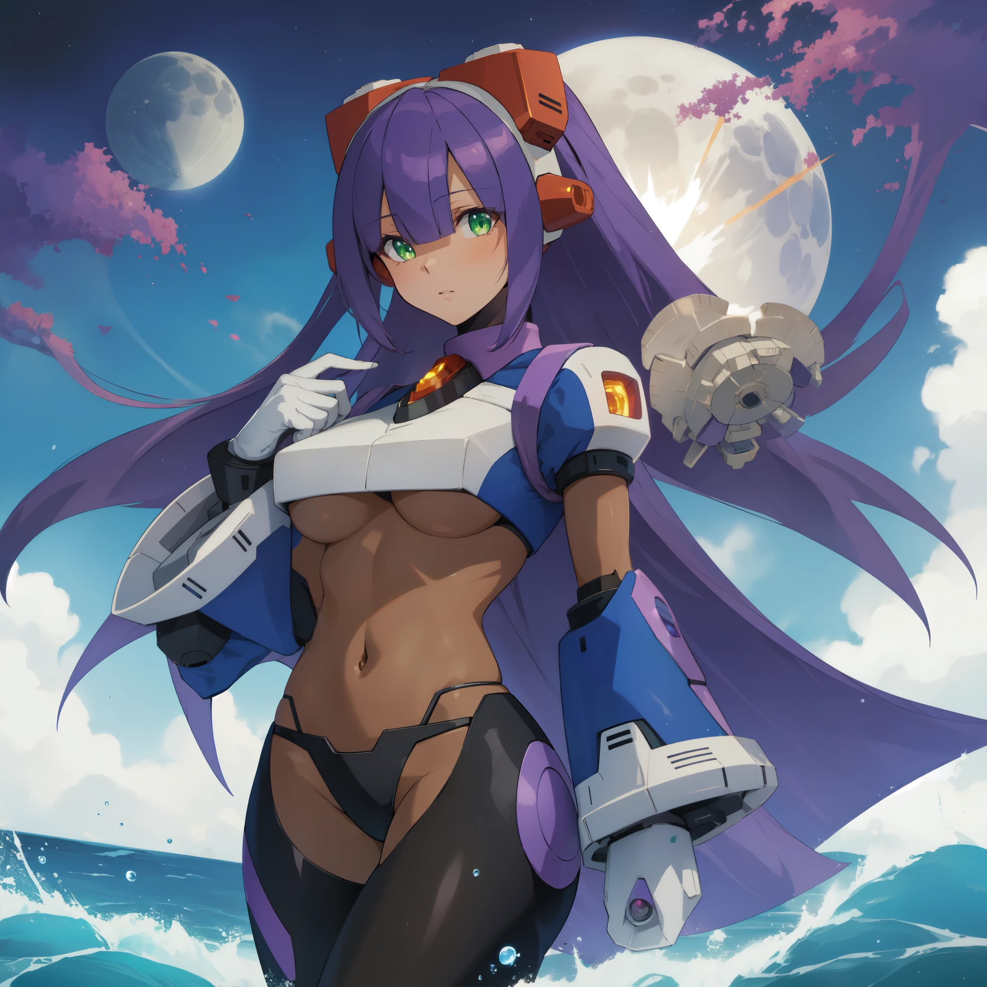 layer_megamanx, 1girl, solo, long hair, purple hair, green eyes, blunt bangs, hair over eyes, large breasts, dark skin, dark-skinned female, android, underboob, robot ears, high quality, masterpiece, surrounded by water and a small moon, in the style of vivid energy explosions, anime art, dark palette, sharp and angular, dragon art, 8k, whirring contrivances
