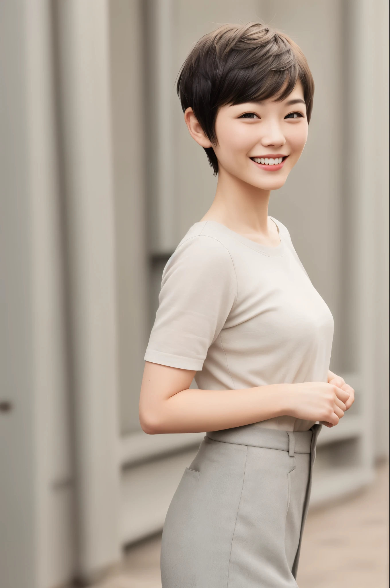 1 woman, boyish, short hair, pixie cut, smiling