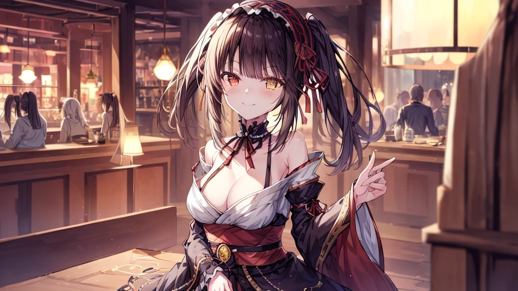 (original photo, best quality), 1 girl, Tokisaki Kurumi, natural lighting, Upper body, cafes, Smile, Satosh Khan Art Style