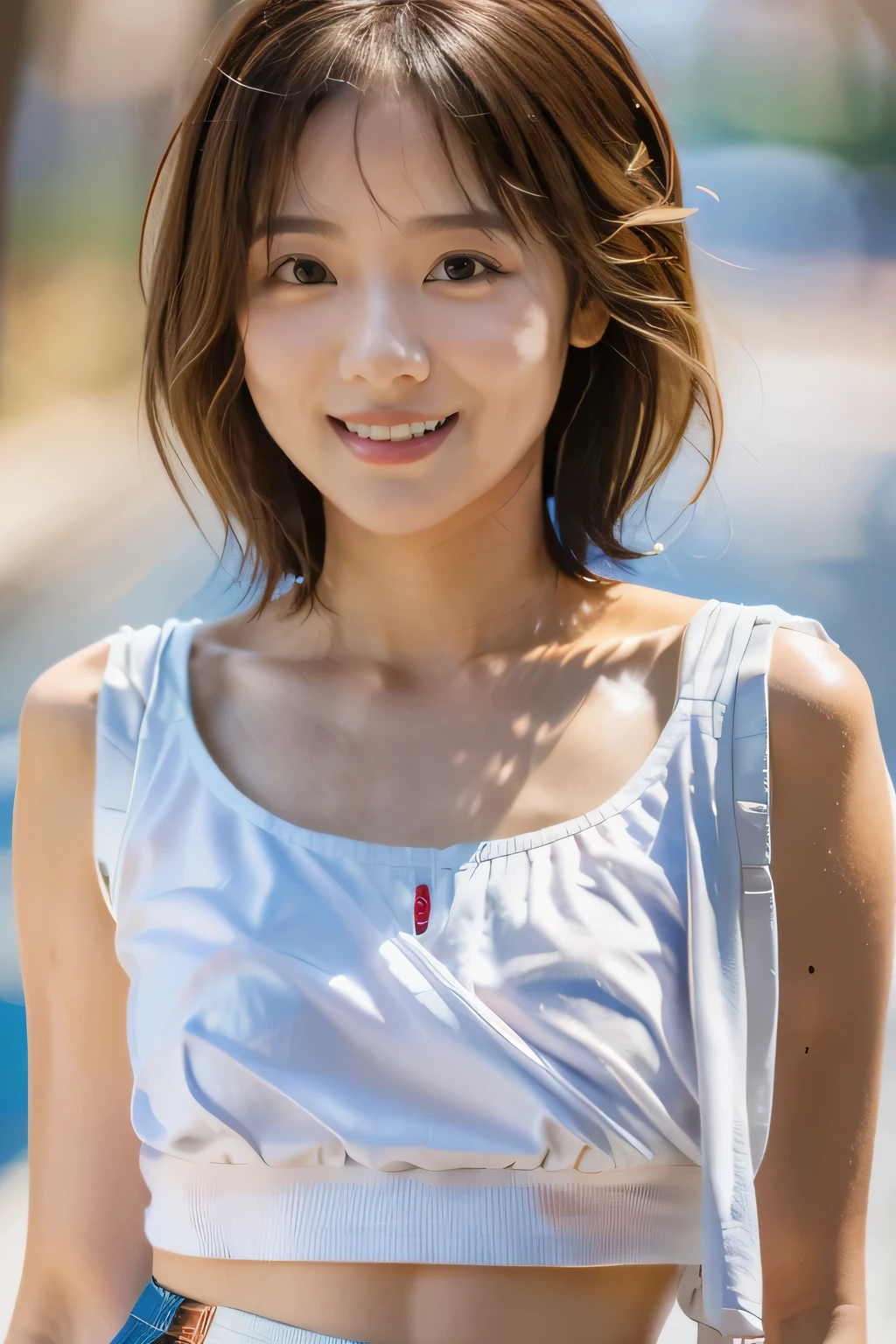 masterpiece, highest quality, Photoreal, Super detailed, finely, High resolution, 8k wallpaper, Professional, Advanced level of detail, ((One 20-year-old girl:1.2)), Slender Japanese women,cute lips, detailed clavicle, Medium chest、perfect face, (Cute short hair:1.5), chestnut hair、(White blouse with mini flare skirt:1.5)、cute face、(The wind has blown her skirt up, exposing her underwear:1.5)、(brown skin:1.5)、(full body shot:1.2)、(cute smile:1.5)、Balanced Professional Portion、