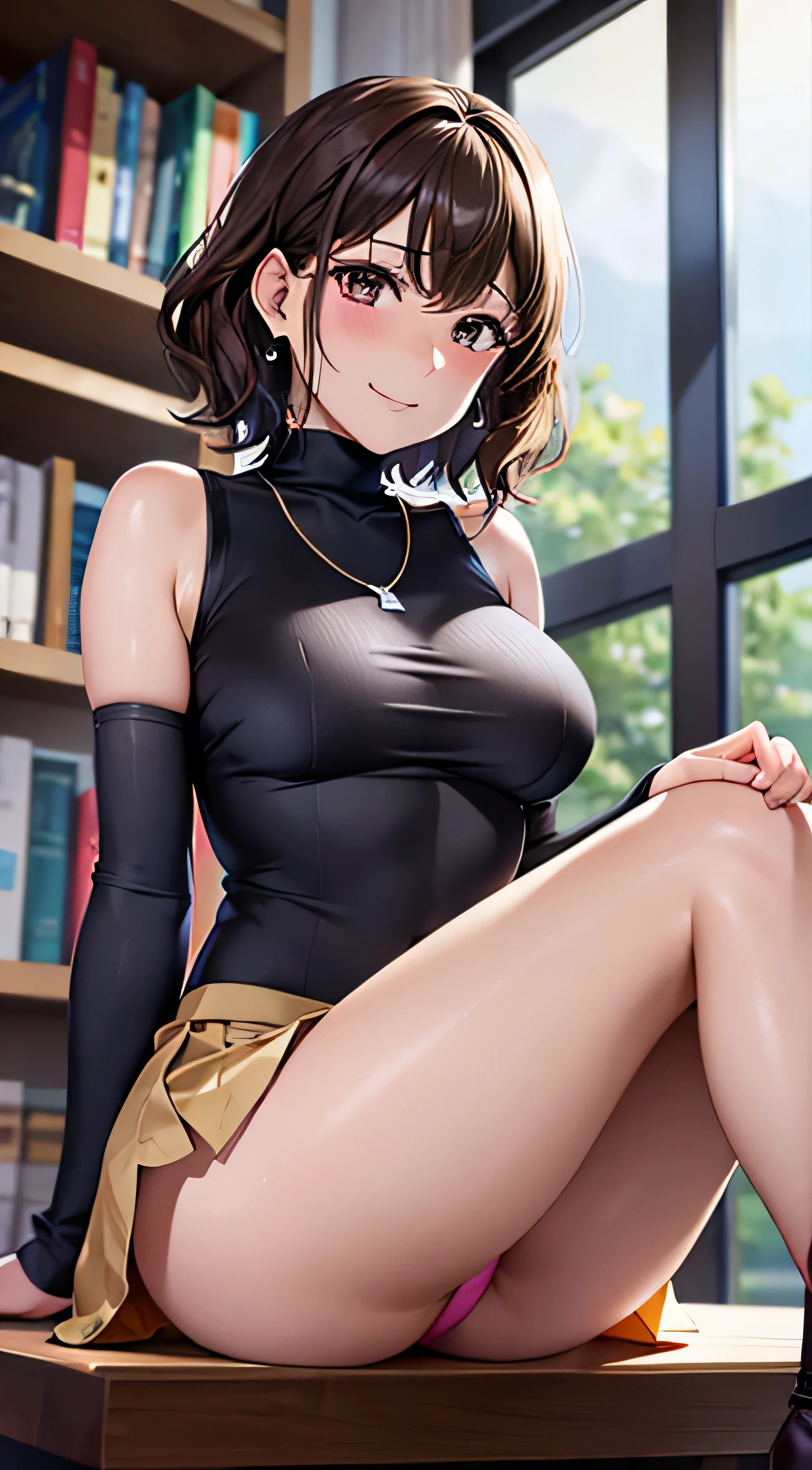 (table top, highest quality, High resolution, , perfect pixel, 4k,), 1 girl, single, alone, Beautiful woman、I could see the whole body、 ((wavy short hair, bangs, brown hair)), ((brown eyes, beautiful eyelashes, realistic eyes)), ((detailed face, blush:1.2)), ((smooth texture:0.75, realistic texture:0.65, realistic:1.1, Anime CG style)), medium breasts, dynamic angle, perfect body, ((, female teacher, , earrings、necklace、Beige turtleneck sleeveless sweater、Long flared skirt in dark blue、black knee high stockings、open both legs wide、、shy smile、sit at the desk in the library、lift up the skirt with both hands)), 、、、evening、、(Pink lace panties are visible、、、angle from below)、