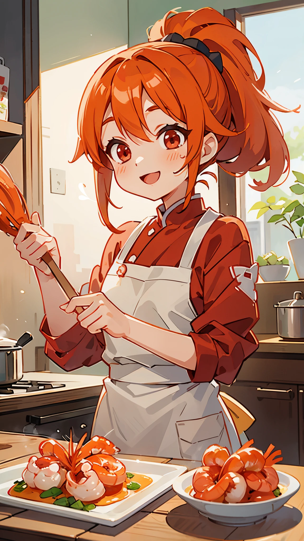 1 girl、anime painting、Cute shrimp woman cooking delicious food in the kitchen、orange hair、ponytail、Beautiful red eyes、smile、fun