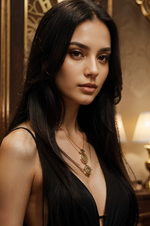 close-up, black straight long hair woman, clock on necklace, worked, elegant, meticulous, magnificent, maximum detail, extremely energetic, intricately detailed, resort background