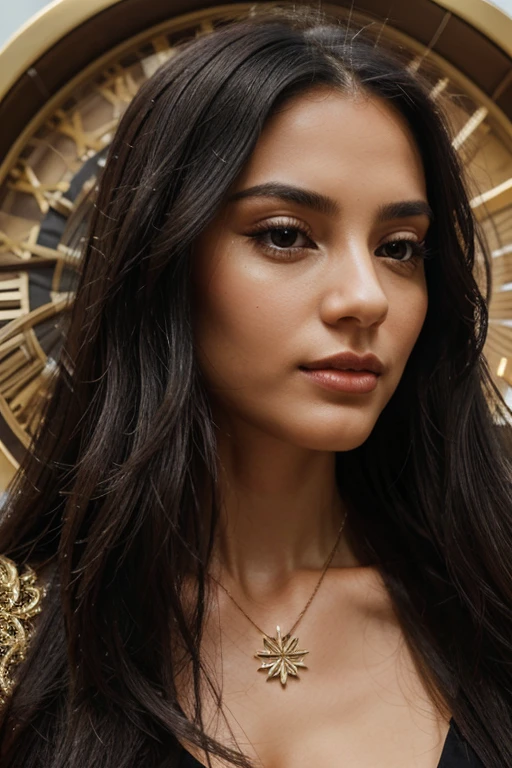 close-up, black straight long hair woman, clock on necklace, worked, elegant, meticulous, magnificent, maximum detail, extremely energetic, intricately detailed, resort background