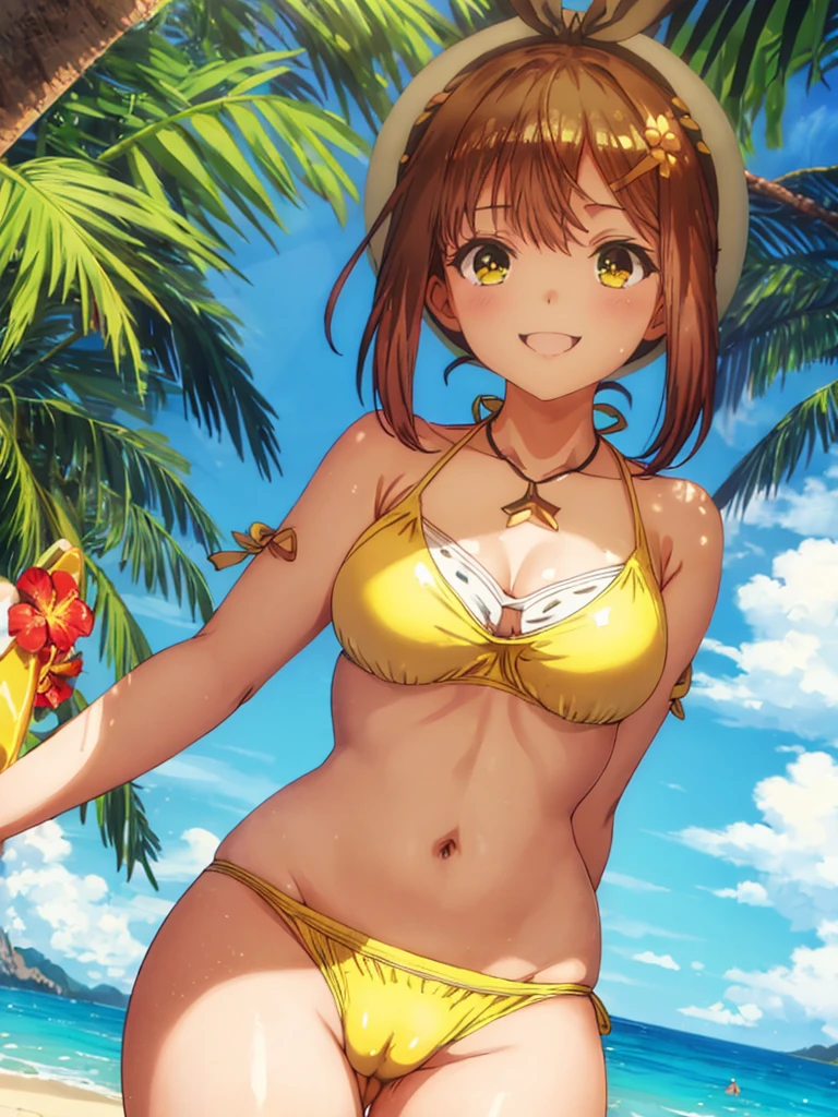 ????、1GIRL,(((masterpiece、highest quality、High resolution)))、(((Ryza)))、{{Ryza's hairstyle}},Tropical Summer、solo、laughter、beach、(((swimsuit:1.2)))、((Wearing only a swimsuit))、(((On a beautiful sunny beach)))、view audience、slender ?????? body type、Glossy skin、One cute girl、Glossy skin、realistic、(((A smile that looks very fun)))、(((yellow fancy ??????))),((????????))