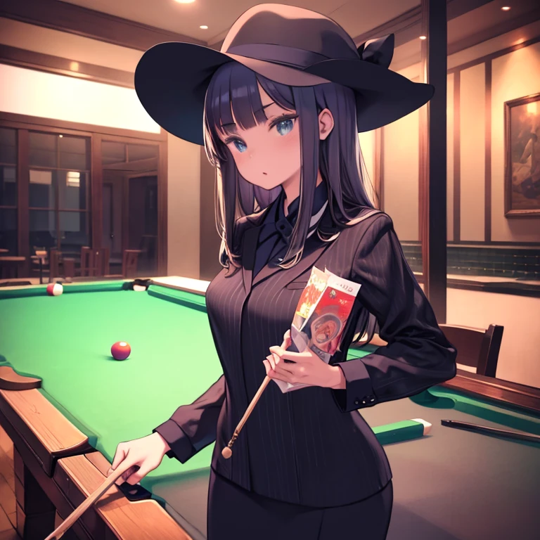 masterpiece, highest quality、Medium wide shot、cowboy shot、1. A woman with beautiful eyeature woman、suit figure、billiards、billiards、hustler 、