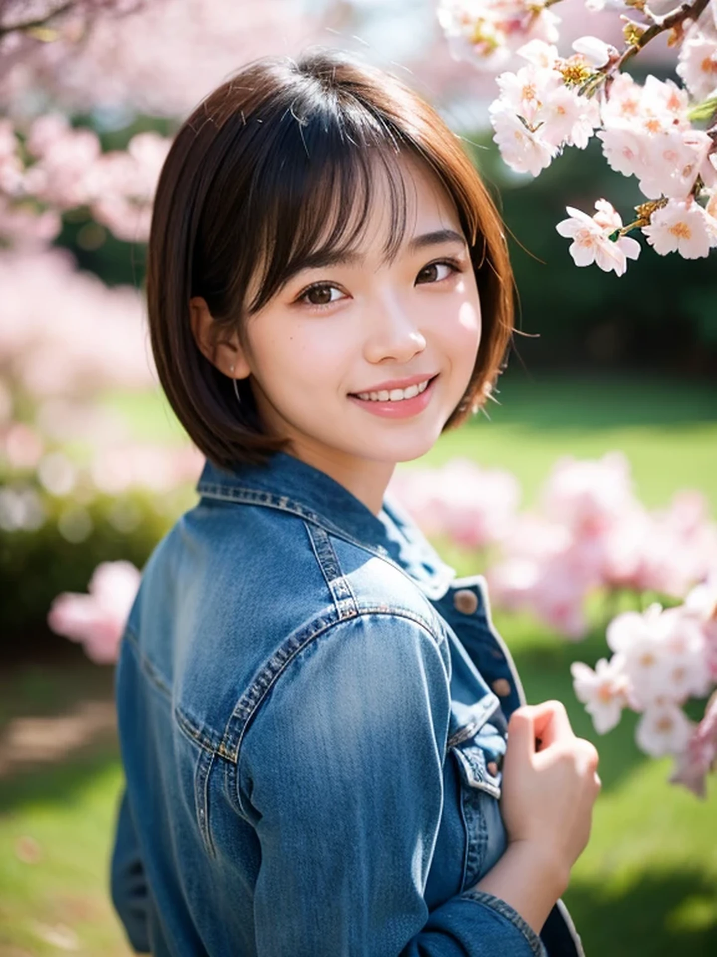 masterpiece, Best Quality, Raw photo, 8K, ultra-detailed face, 1girl, Beautiful detailed skin, backlight, soft light, bashful, (shoot from front:1.2), smile, Luminescent, Anatomically correct, short hair, Eyes and faces with detailed, Textured skin, Professional Photography, Bokeh, Portrait, Professional Lighting, Solo, Cute, Girly, Film grain, MA-1, jeans, outside, cherry blossoms