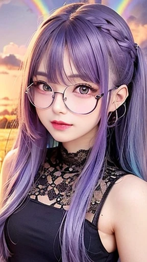 small face、 (alone:1.5,)Super detailed,bright colors, very beautiful detailed anime face and eyes, look straight, shiny_skin,girl, (((rainbow colored hair, colorful hair, Half red、Half purple hair: 1.2))), 、shiny hair, delicate beautiful face, blush、Glasses、(turquoise eyes), , Valletta, earrings,、flower garden、sunset、(((See-through、Stylish leotards、Lace mini skirt,Translucent shirt)))、(twin tails)、smile、happy face、face dyed red、cheerful pose、dynamic、