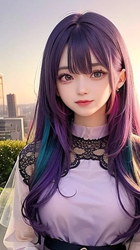 small face、 (alone:1.5,)Super detailed,bright colors, very beautiful detailed anime face and eyes, look straight,  shiny_skin,girl, (((rainbow colored hair, colorful hair, Half red、Half purple hair: 1.2))), 、shiny hair, delicate beautiful face, blush、Glasses、(turquoise eyes), , Valletta, earrings,、flower garden、sunset、(（(See-through、Stylish leotards、Lace mini skirt,Translucent shirt)))、（twin tails）、smile、happy face、face dyed red、cheerful pose、dynamic、