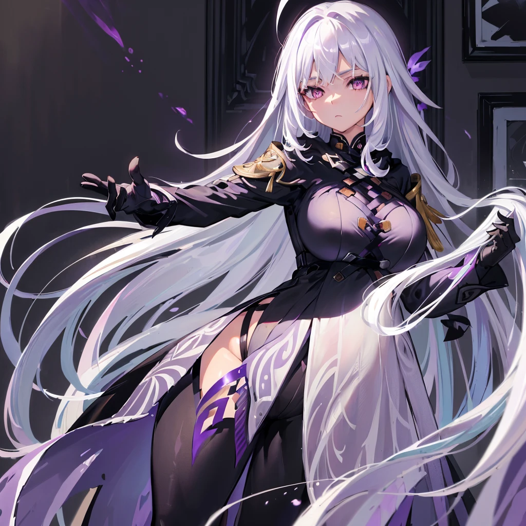 (masterpiece, best quality:1.2), illustration, 8K, HD, 1 girl, alone, (((white hair, purple eyes, black coat,))) Big breasts, black pants, indoors, (assignment:0.5), High, Mature, elegant, black gloves, 、from the front, long hair,Pregnant