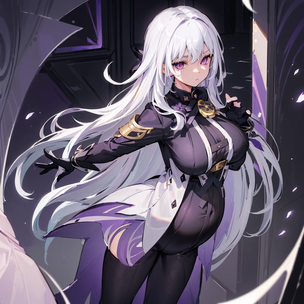 (masterpiece, best quality:1.2), illustration, 8K, HD, 1 girl, alone, (((white hair, purple eyes, black coat,))) Big breasts, black pants, indoors, (assignment:0.5), High, Mature, elegant, black gloves, 、from the front, long hair,Pregnant