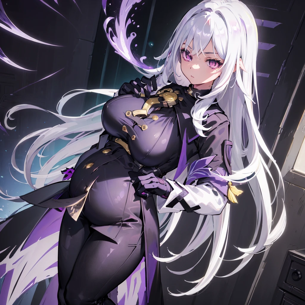 (masterpiece, best quality:1.2), illustration, 8K, HD, 1 girl, alone, (((white hair, purple eyes, black coat,))) Big breasts, black pants, indoors, (assignment:0.5), High, Mature, elegant, black gloves, 、from the front, long hair,Pregnant