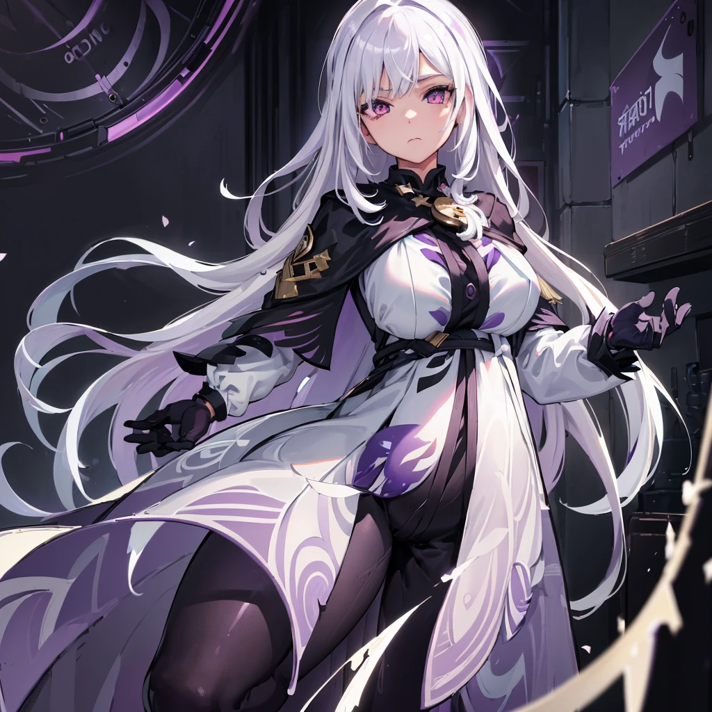 (masterpiece, best quality:1.2), illustration, 8K, HD, 1 girl, alone, (((white hair, purple eyes, black coat,))) Big breasts, black pants, indoors, (assignment:0.5), High, Mature, elegant, black gloves, 、from the front, long hair,Pregnant