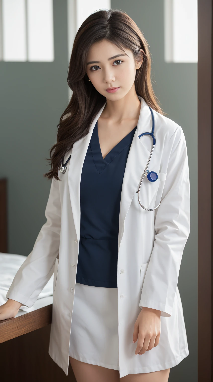 Photorealistic beautiful doctor、amazingly beautiful、doctor&#39;white clothes, collared shirt、(highest quality、8K、32k、masterpiece、nfsw:1.3)、ultra high resolution,(Photoreal:1.4),Raw photo, detailed face,,beautiful hair, ((doctor style)), , black mini tight skirt、 natural makeup,, big and full breasts、Inside the hospital, detailed background, perfect lighting, Depth of written boundary, beautiful shadow gradation,Stethoscope ,NSFW、Beautiful female doctor、Fall in love、Her underwear is visible、