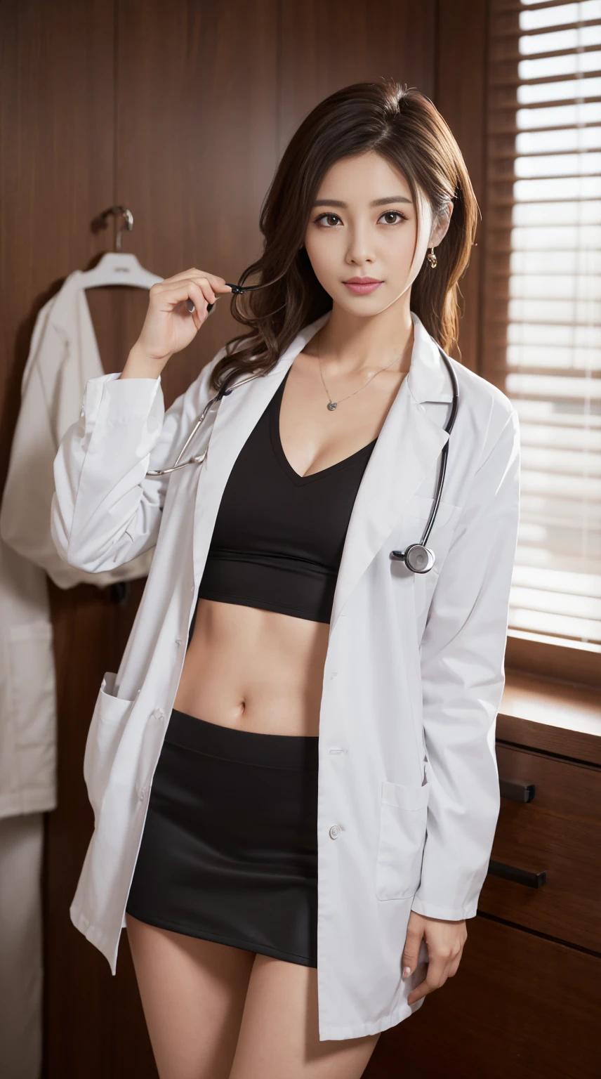 Photorealistic beautiful doctor、amazingly beautiful、doctor&#39;white clothes, collared shirt、(highest quality、8K、32k、masterpiece、nfsw:1.3)、ultra high resolution,(Photoreal:1.4),Raw photo, detailed face,,beautiful hair, ((doctor style)), , black mini tight skirt、 natural makeup,, big and full breasts、Inside the hospital, detailed background, perfect lighting, Depth of written boundary, beautiful shadow gradation,Stethoscope ,NSFW、Beautiful female doctor、Fall in love、Her underwear is visible、