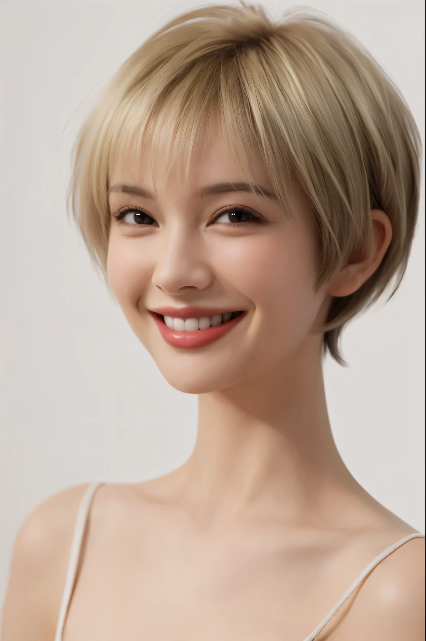 1 woman, pixie cut, smiling