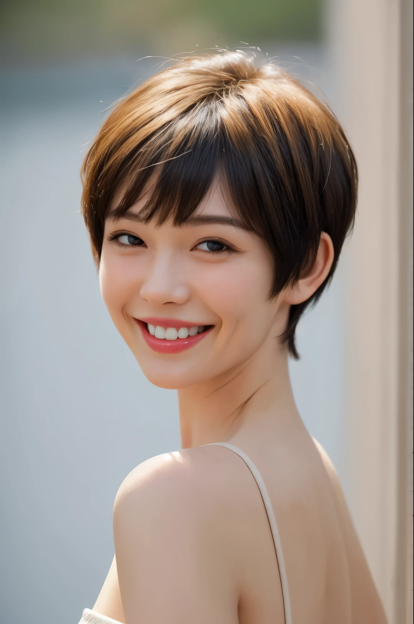 1 woman, pixie cut, smiling