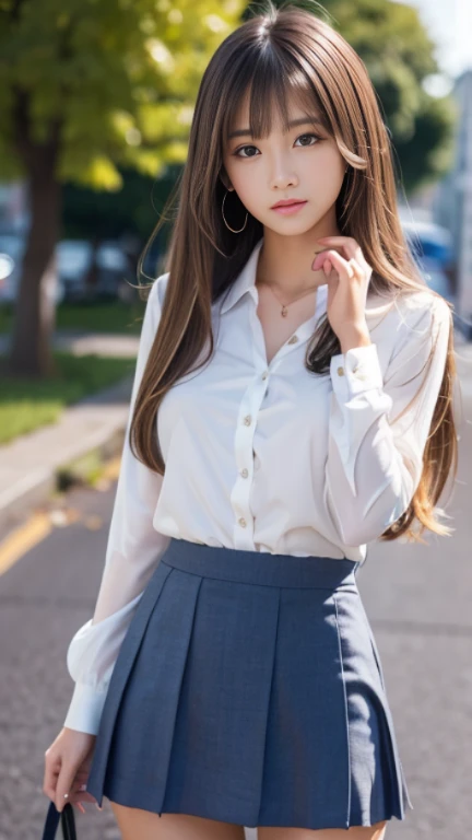(Medium chest)、Sexy cute looks and cute 15 year old beautiful girl, Beautiful and sexy face、The strong wind blows the hair in front of my face、Beautiful blonde with cute long straight hair, Sexy eyes hidden behind long bangs,slightly dark skin, Height: 156cm,troubled eyes,((slightly droopy eyes)),(((whole body))),((Miniskirt uniform)),(Her underwear is slightly visible through her white blouse)