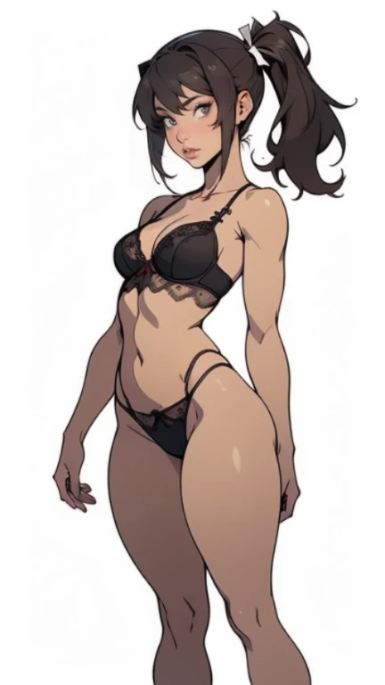 (8K, anime, manga, highest quality, masterpiece:1.2), (intricate details), perfect eyes, perfect face, perfect lighting, beautiful, (masterpiece:1.2), perfect faceの加賀 (KanColle), {{kaga kai ni (KanColle)}}, side ponytail, brown slanted eyes, black long hair, simple background, white background, ,1 girl, alone,,From before, facing the front, looking at the viewer, straight,,{{{game CG}}},2023,,とてもbeautiful, highest quality, amazing quality, ,curated, figure, very detailed, (black lingerie),NSFW、full body、flat chest、((thin thighs))、