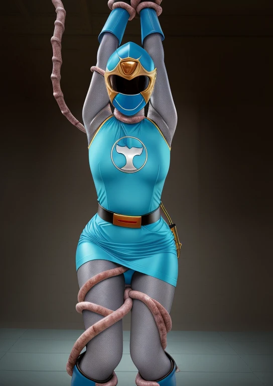 (best quality, masterpiece, RAW photo,ultra-detailed:1.2), 1girl, solo, looking at viewer, ((Hurricane Blue outfit, belt, gloves, helmet, blue spandex vest, sunglasses, blue boots, blue skirt, gray leggings, white gloves)), large breasts, (((spread legs:1.1))),  ((tentacles:1)), nsfw, choking, raised arms, tentacles wrap around body, dark room, eerie light, close up, industrial background, upper half body, creampie, wet