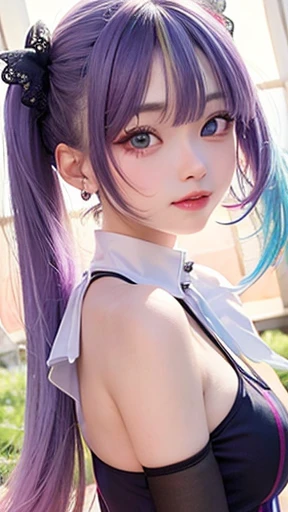 small face、 (alone:1.5,)Super detailed,bright colors, very beautiful detailed anime face and eyes, look straight,  shiny_skin,girl, (((rainbow colored hair, colorful hair, Half red、Half purple hair: 1.2))), 、shiny hair, delicate beautiful face, blush、Glasses、(turquoise eyes), , Valletta, earrings,、flower garden、sunset、(（(See-through、Stylish leotards、Lace mini skirt,Translucent shirt)))、（twin tails）、smile、happy face、face dyed red、cheerful pose、dynamic、