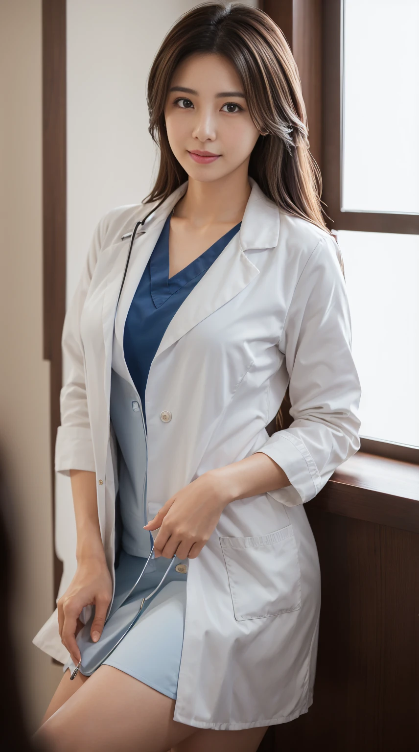 Photorealistic beautiful doctor、amazingly beautiful、doctor'white clothes, collared shirt、(highest quality、8K、32k、masterpiece、nfsw:1.3)、ultra high resolution,(Photoreal:1.4),Raw photo, detailed face,,beautiful hair, ((doctor style)), , black tight skirt、 natural makeup,, big and full breasts、Inside the hospital, detailed background, perfect lighting, Depth of written boundary, beautiful shadow gradation,Stethoscope ,NSFW、Beautiful female doctor、Fall in love、Her underwear is visible、