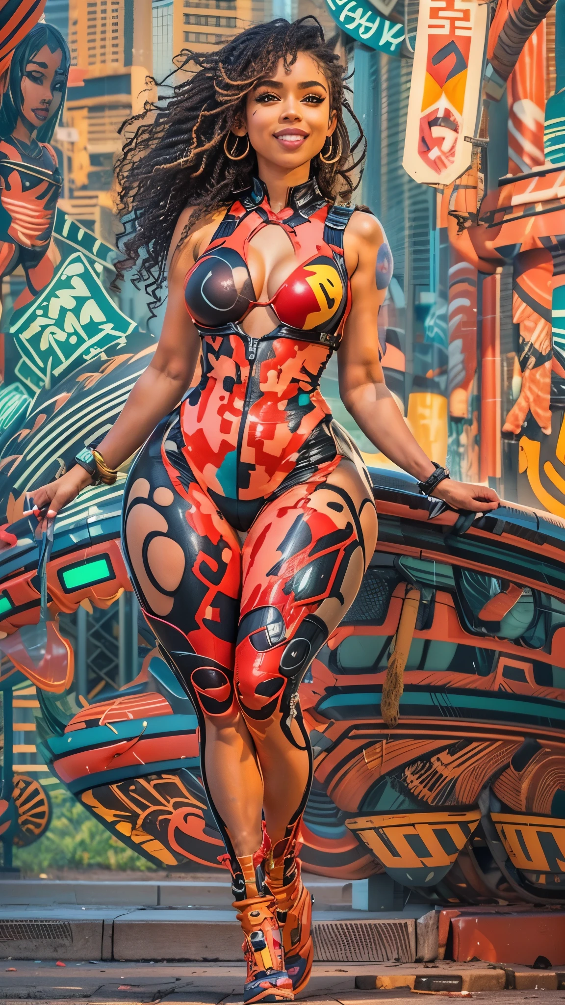 Cartoon style, 4k, FHD, work of art, ((high quality, high details):1.4), (looking away from the viewer, making a playful expression, wide smile, light tan skin, intricate details of facial features, big eyes, full lips, wide hips, vibrant colors, cheerful expression):1.2)((full body):2), {(Only one woman)}:((Wearing a futuristic jumpsuit with neon accents)), (((fitted to her body))):1.2), (((ample breasts))), (shapely legs, toned calves), (defined waist), curvaceous hips,