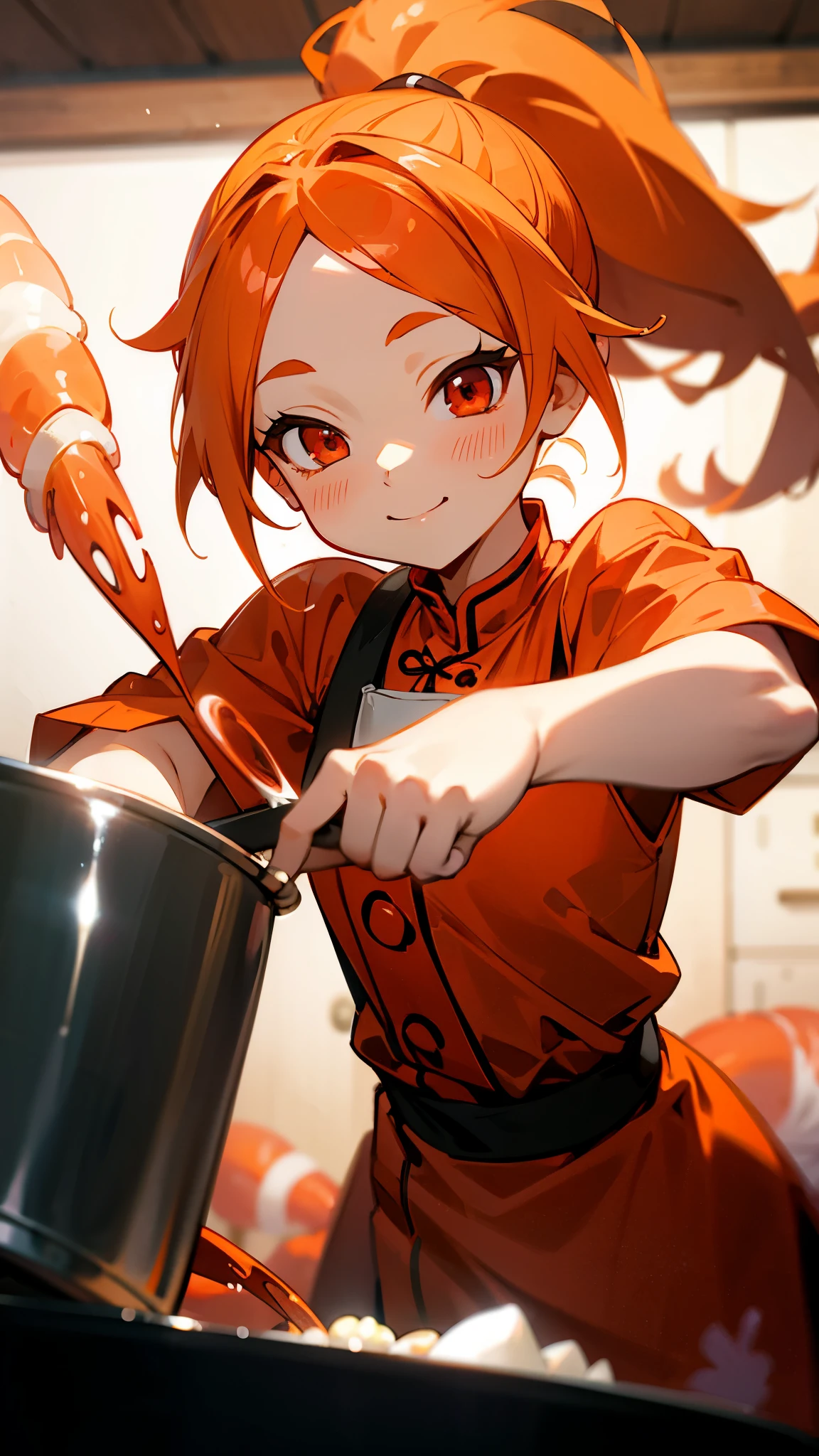 1 girl、anime painting、Cute shrimp woman cooking delicious food in the kitchen、orange hair、ponytail、Beautiful red eyes、smile、fun、sharp outline、background bokeh、written boundary depth