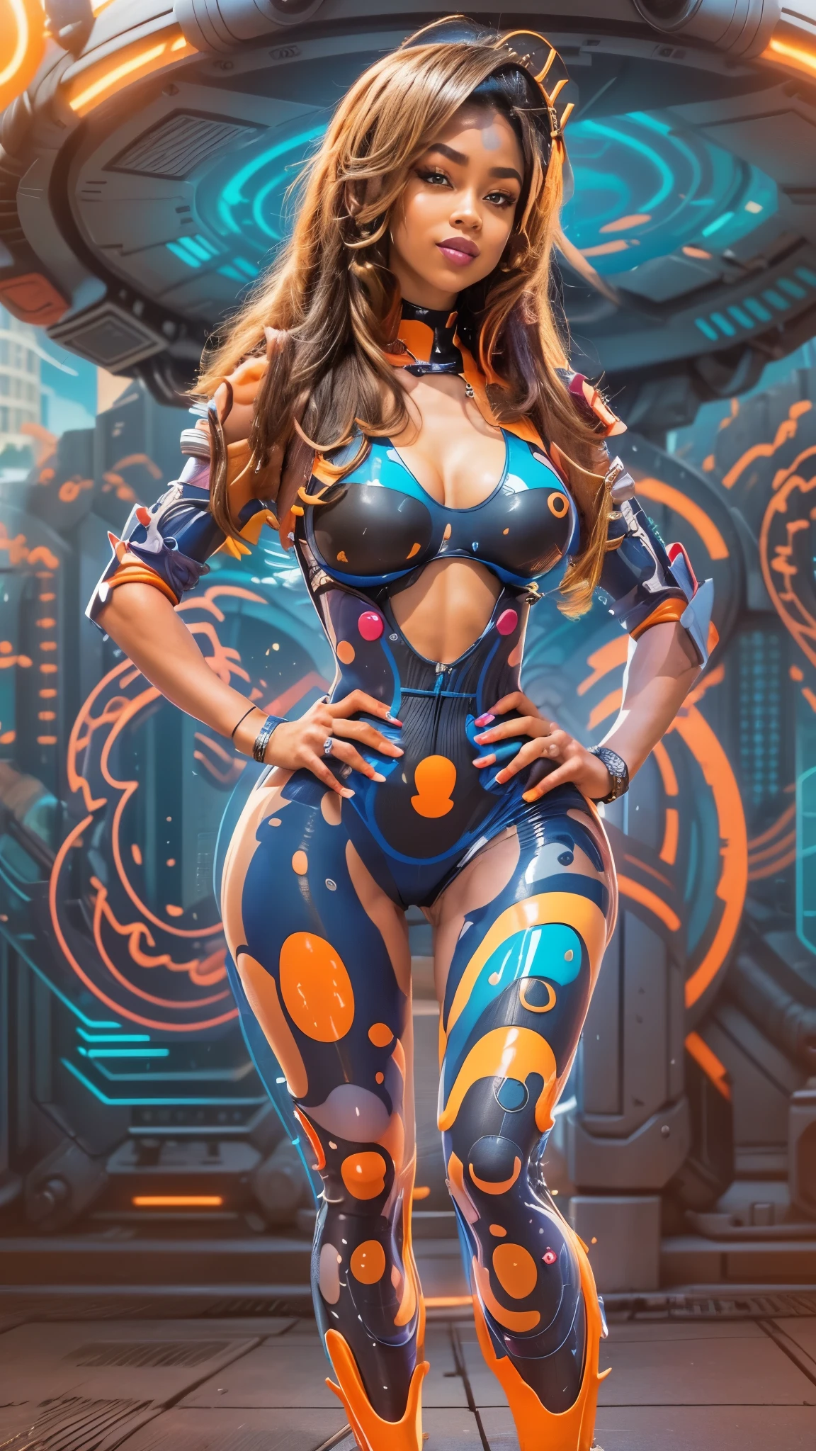 Cartoon style, 4k, FHD, work of art, ((high quality, high details):1.4), (looking away from the viewer, making a playful expression, wide smile, light tan skin, intricate details of facial features, big eyes, full lips, wide hips, vibrant colors, cheerful expression):1.2)((full body):2), {(Only one woman)}:((Wearing a futuristic jumpsuit with neon accents)), (((fitted to her body))):1.2), (((ample breasts))), (shapely legs, toned calves), (defined waist), curvaceous hips,