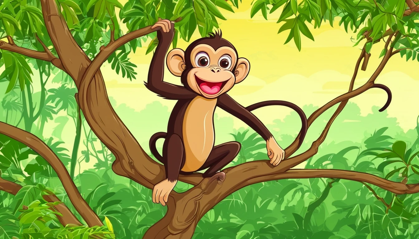 Monkey is on tree. Cartoon style