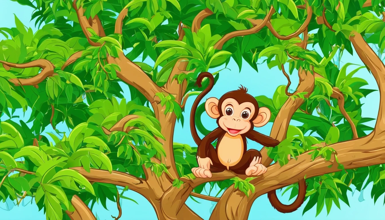 Monkey is on tree. Cartoon style 