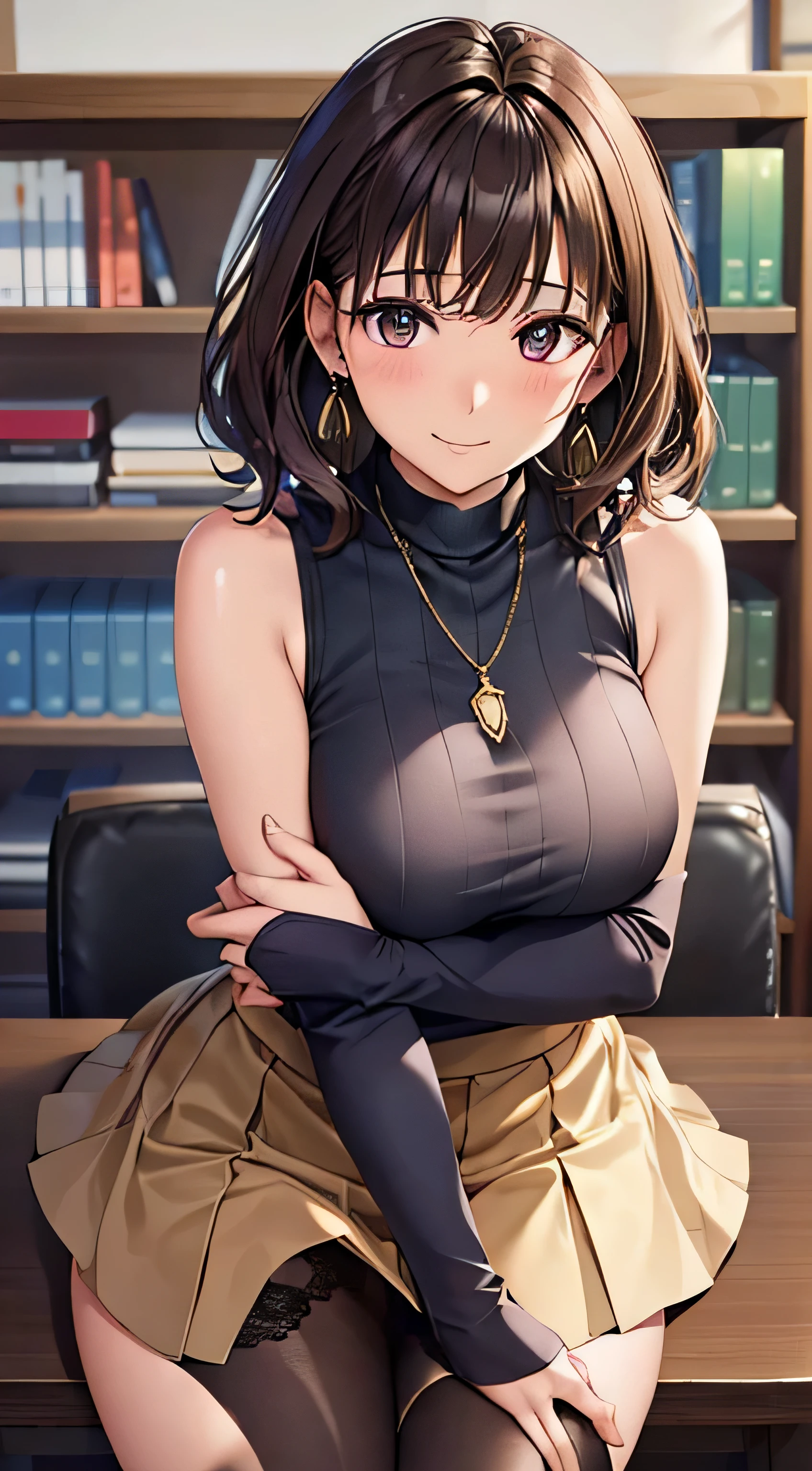 (table top, highest quality, High resolution, , perfect pixel, 4k,), 1 girl, single, alone, Beautiful woman、I could see the whole body、 ((wavy short hair, bangs, brown hair)), ((brown eyes, beautiful eyelashes, realistic eyes)), ((detailed face, blush:1.2)), ((smooth texture:0.75, realistic texture:0.65, realistic:1.1, Anime CG style)), medium breasts, dynamic angle, perfect body, ((, female teacher, , earrings、necklace、Beige turtleneck sleeveless sweater、Long flared skirt in dark blue、black knee high stockings、open both legs wide、、shy smile、sit at the desk in the library、lift up the skirt with both hands)), Upper grade、、、evening、、(Pink lace panties are visible、、、angle from below)、