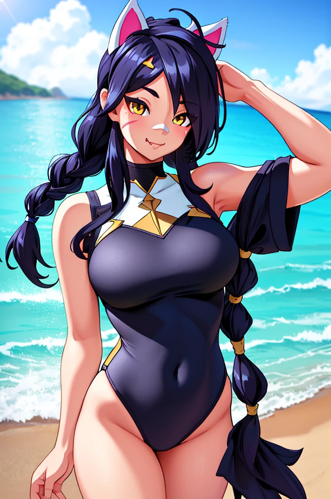 Erisa, 1girl, solo, long hair, looking at viewer, black hair, bandaid on face, yellow eyes, animal ears, smile, bandaid on nose, braid, cat ears, bandaid, bangs, breasts, fake animal ears, simple background, fang, bare shoulders, scar, bare shoulders, closed mouth, hair over one eye, portrait, hair over shoulder, legs, seductive, bathing suit, 2 piece swimsuit, beach, realistic, highly detailed face, detailed eyes, best quality, masterpiece, ultra detail, ultra high res, extreme detail, 8k, uhd, voluptuous, curvy, thick thighs, milf