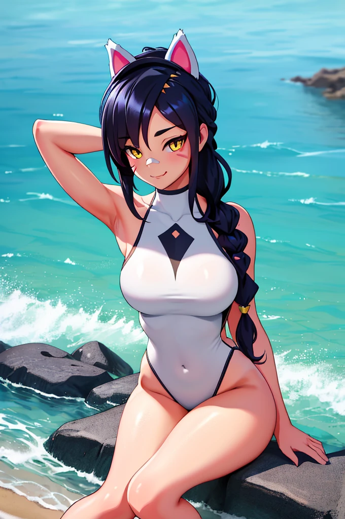 Erisa, 1girl, solo, long hair, looking at viewer, black hair, bandaid on face, yellow eyes, animal ears, smile, bandaid on nose, braid, cat ears, bandaid, bangs, breasts, fake animal ears, simple background, fang, bare shoulders, scar, bare shoulders, closed mouth, hair over one eye, portrait, hair over shoulder, legs, seductive, bathing suit, 2 piece swimsuit, beach, realistic, highly detailed face, detailed eyes, best quality, masterpiece, ultra detail, ultra high res, extreme detail, 8k, uhd, voluptuous, curvy, thick thighs, milf
