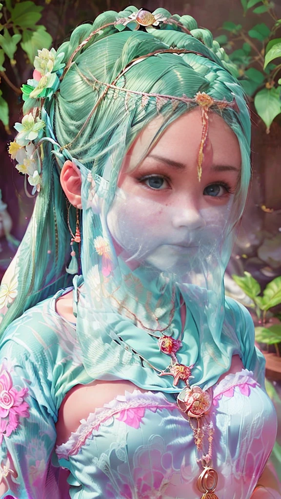 Head close-up，Eyes are very delicate，Gorgeous green Hanfu，（（（hair accessories）））（（（veil））），necklace，（（（a garden with many flowers））， （（intricate details））， （（Surrealism））（8k）