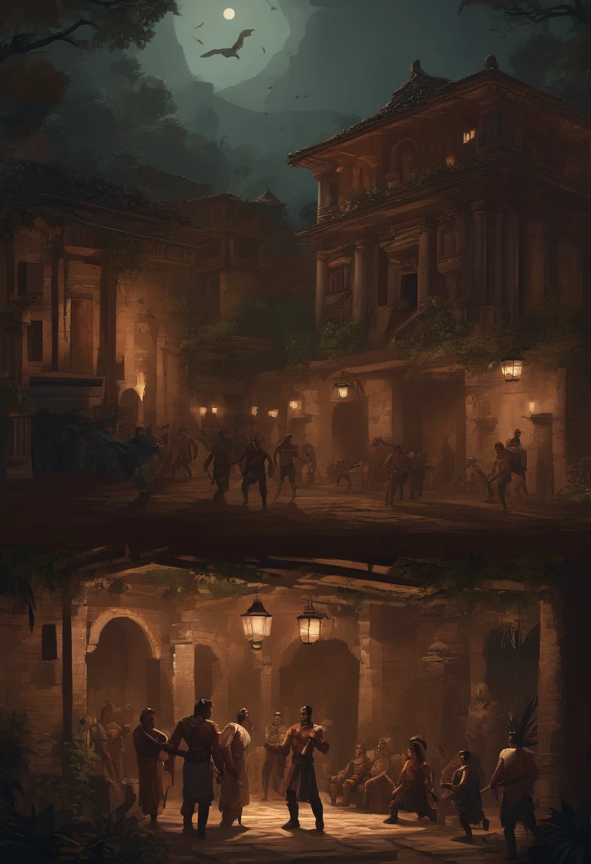 A detailed pixel art about fight between filipino barrio people versus "daguit" creatures who would emerge from the shadows to capture innocent souls. These daguit were once ordinary beings who were consumed by envy and greed, transforming into vicious beings thirsting for human essence. They possessed powers beyond mortal comprehension. They can fly and easily capture their victims.