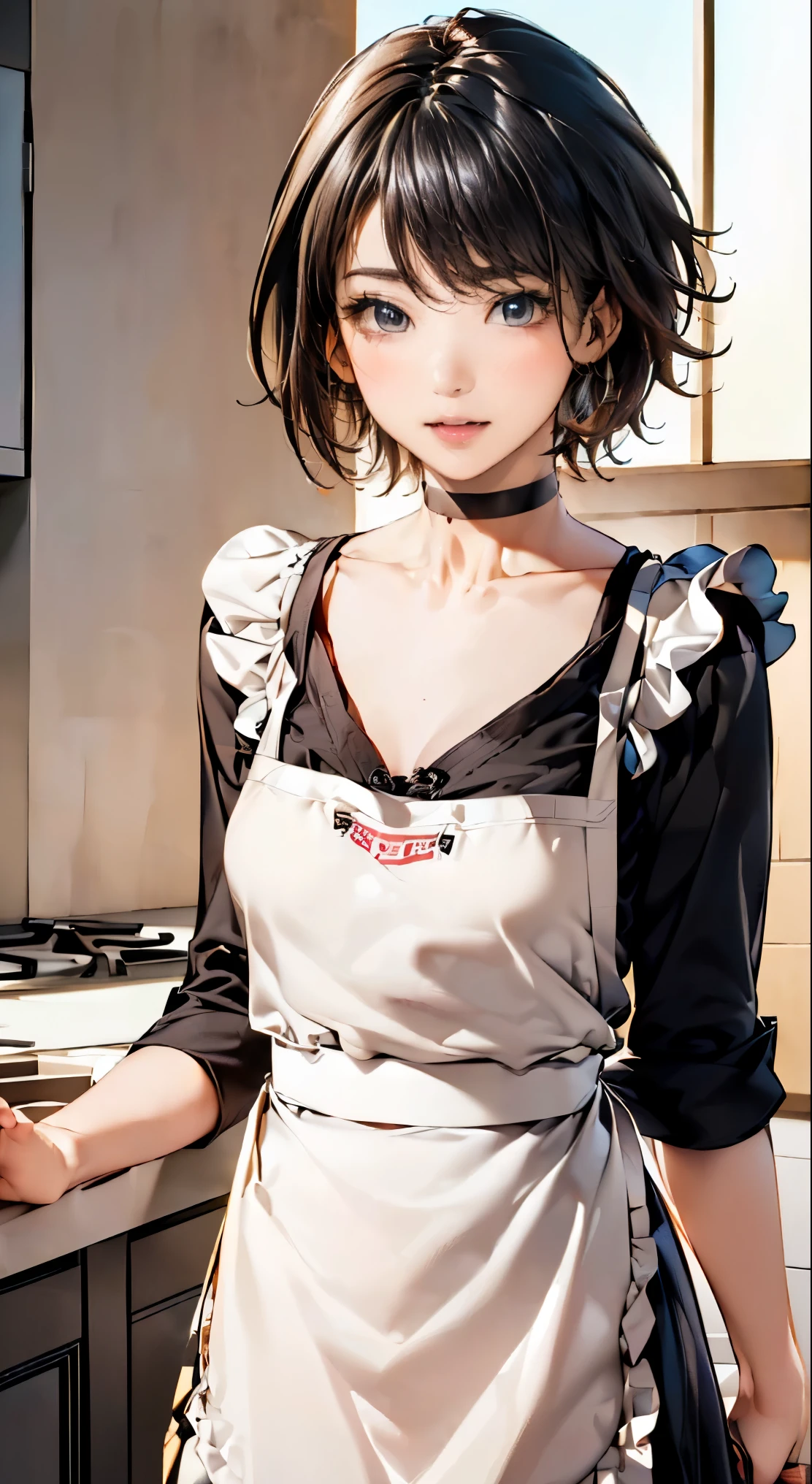 (masterpiece:1.2, highest quality), (realistic, photorealistic:1.4), beautiful illustrations,
looking at the viewer, whole body, Front view:0.6,
1 female, 20-year-old, Japanese, ((black hair、short hair:1.6)), thin waist、beautiful hair, beautiful face, beautiful and detailed eyes, (shining eyes:1.3), beautiful clavicle, beautiful body, beautiful breasts, beautiful thighs, beautiful feet, beautiful fingers, perfect anatomy:1.3, perfect anatomy
(kitchen:1.3)
((blouse, apron, skirt, choker:1.6)),
((右手でskirtの裾を掴みます, put your left hand on your chest,)),
(Look at the viewer while blushing:1.3)