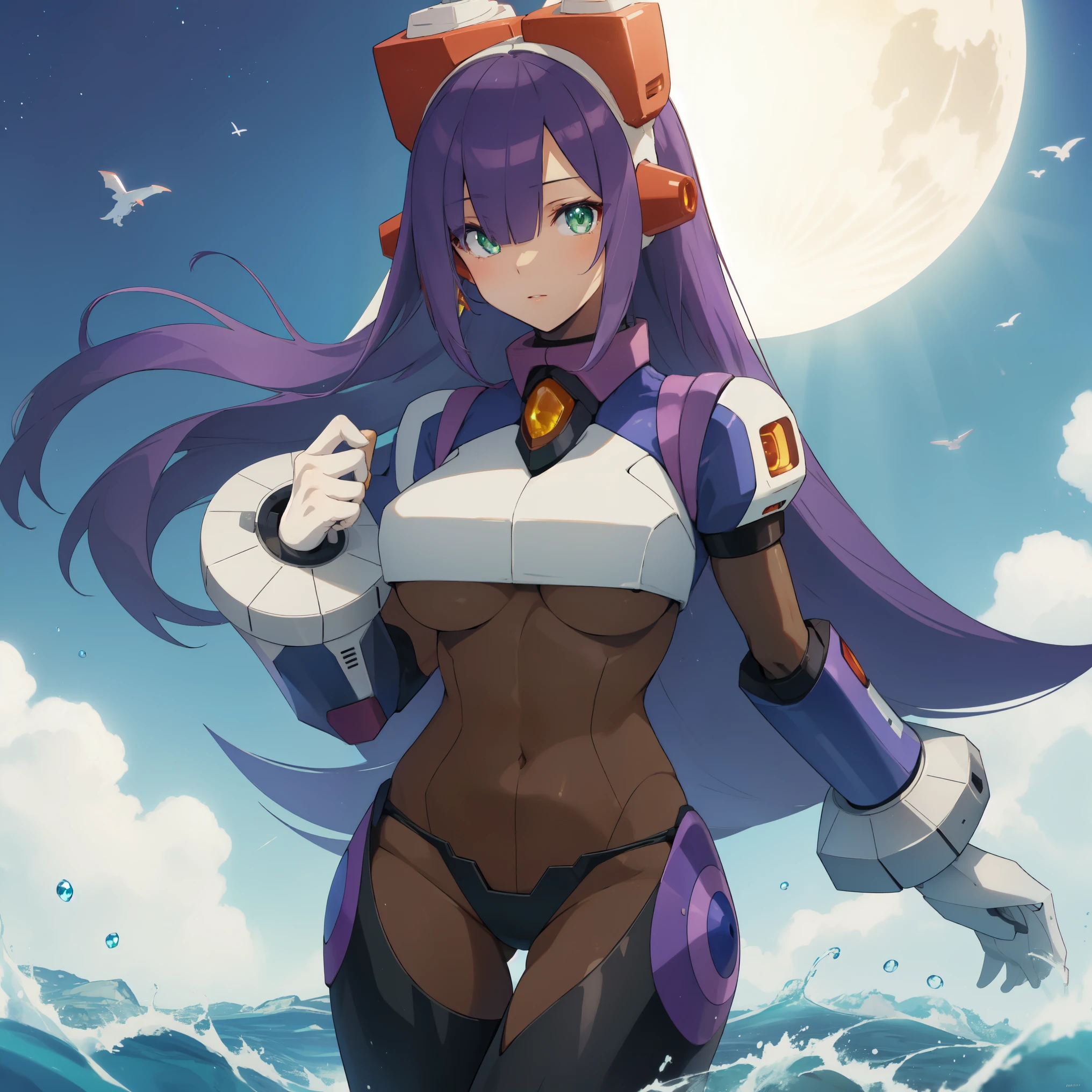 layer_megamanx, 1girl, solo, long hair, purple hair, green eyes, blunt bangs, hair over eyes, large breasts, dark skin, dark-skinned female, android, underboob, robot ears, high quality, masterpiece, surrounded by water and a small moon, in the style of vivid energy explosions, anime art, dark palette, sharp and angular, dragon art, 8k, whirring contrivances