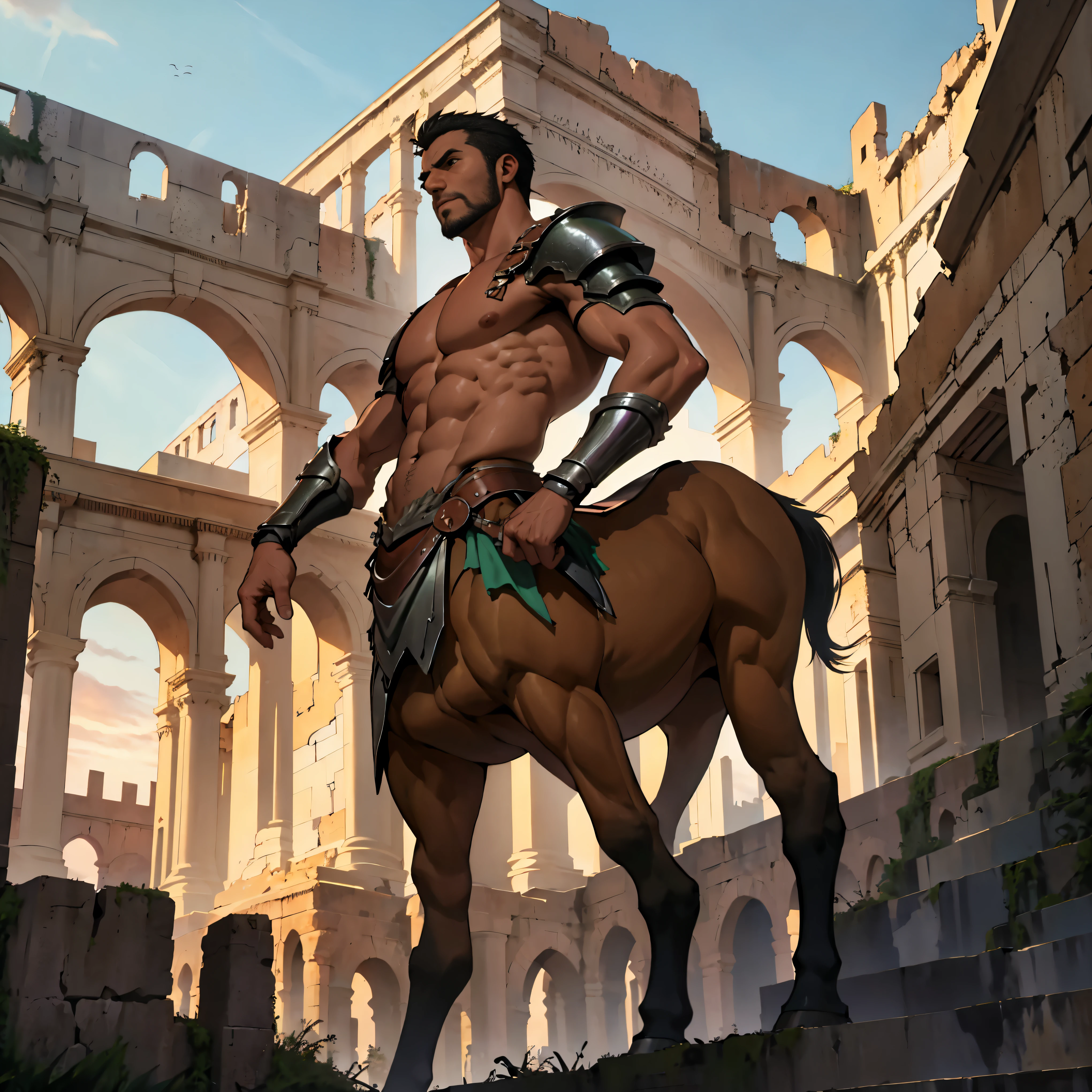 highly detailed full body full color photo of a centaur:1.2, standing, tall, green short hair, gauntlets, bare chest, detailed muscular physique, lifelike depiction, 4K resolution. Background: Colosseum during a spectacular sunset,32k uhd, best quality, masterpiece, extra arms, 4arms,