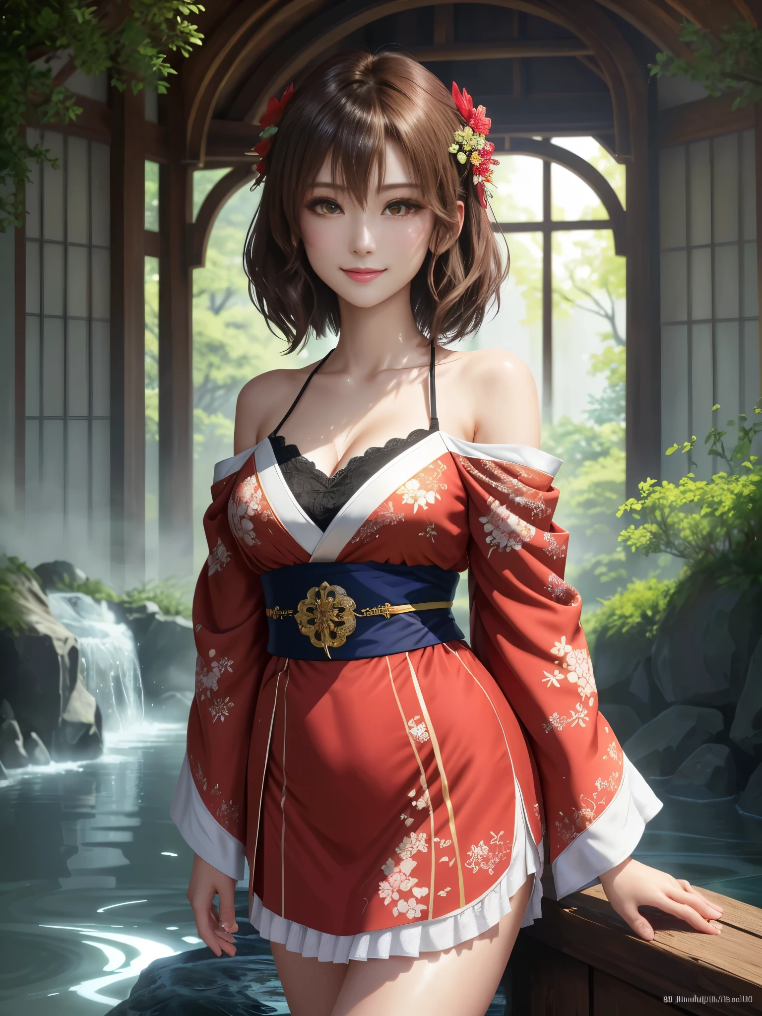 masterpiece , best quality,smile,smile,small face,shoulder exposure,golden kimono,A little cleavage exposure,double eyes,Beauty,beautiful woman,beautiful girl,Stand firmly on both feet,charm,adult,lure,Big eyes,light brown hair,Mysterious世界,god of water殿,in the forest,god of water,Mythical God,水色のMysterious雰囲気,Water sources surround the area,水色のMysterious背景,Gorgeously curled hair,slender body shape,brown eyes,Faithfully reproduced contrast,short hair,Beautiful short hair,Berry Short,short cut hair,Just One,Precision quality,A faithful reproduction of the human eye,水色のMysterious雰囲気,水色のMysterious背景,beautiful details, colorful, delicate details, delicate lips, intricate details, genuine, ultrargenuineista, Mature, bright eyes, raposa de Beautiful digital art,shrine maiden,exquisite digital illustration, mizutsune,pixiv in digital art, shining light, high contrast, Mysterious,Take center,view audience