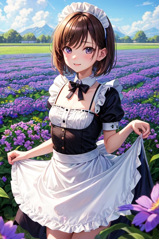 ((highest quality)), ((masterpiece)), (be familiar with), Perfect face maid outfit、Brown short hair、Height 160cm、chest is small、A plump anime girl is lifting her skirt in front of a flower field.
