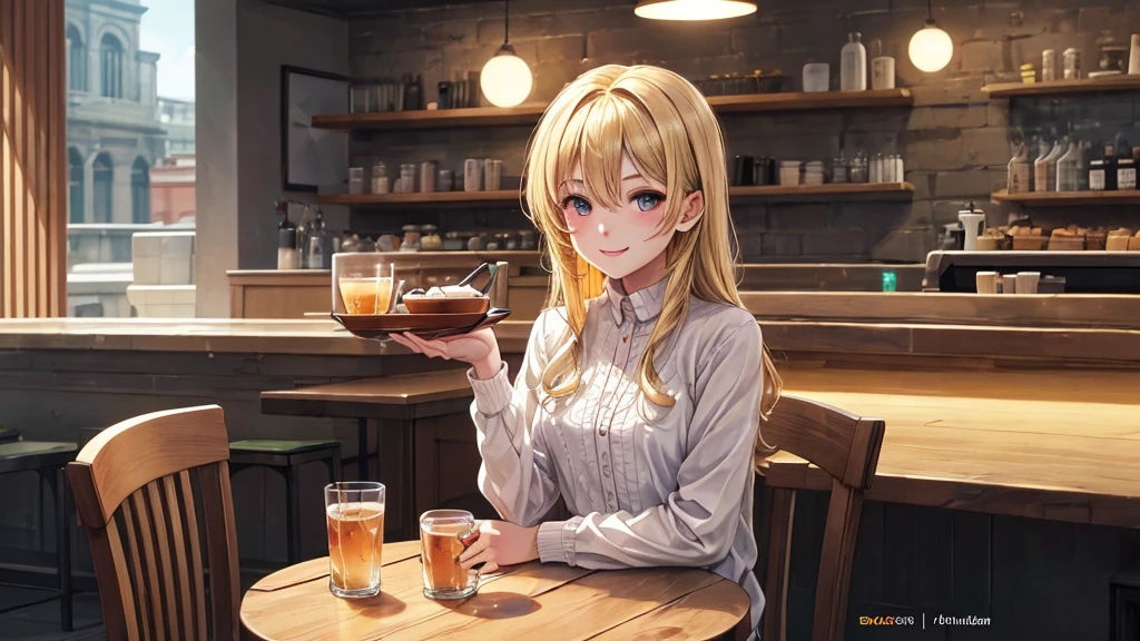 (original photo, best quality), 1 blonde girl, moon, natural lighting, Upper body, cafes, Smile, Satosh Khan Art Style