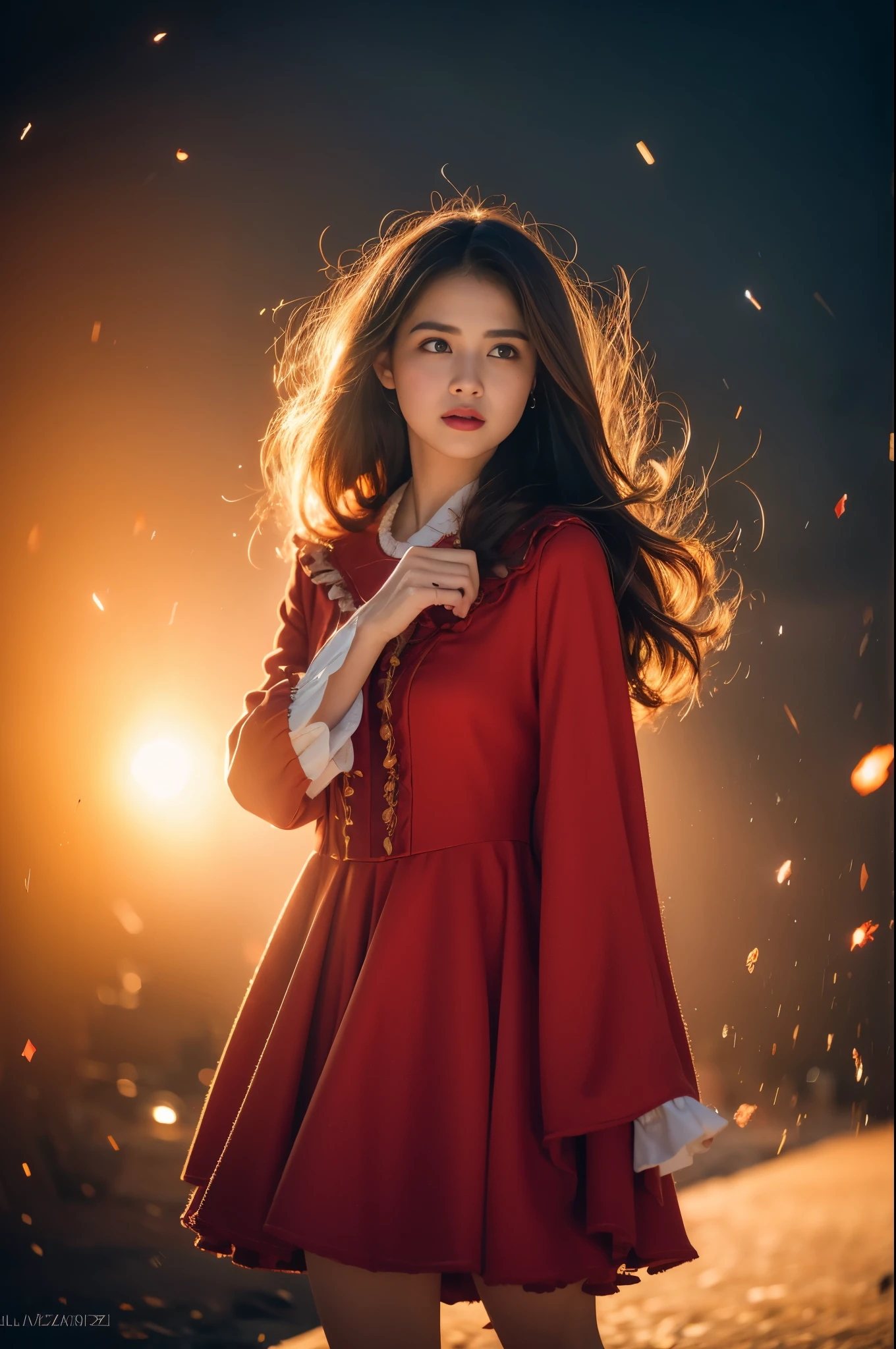 RAW photo, full sharp, (Full HD epic wallpaper) 8K UHD, Digital SLR, Soft lighting, High quality, filmgrain, Fujifilm XT3, hiqcgbody, (1 person, Kizi:1.2),Focus above the thighs, Broken glass effect, Vivid yellow flame, Ethereal sparks, vulnerable, Red eyes, Long gray hair,Wind,Fluttering head, buzz cut, Style - Gravity magic, Portrait, Looking down, Solo, , Detailed background, Detailed face, Pale complexion,(( ta costume)), redcloak, Cape, Hood, malicious expression, The scarlet symbol rotates in the air,(Floating fire particles, particle fx), Skylight color scheme, Huge red flame, the are In the background, Surrounded by a crimson mist, Sunset, symetrical composition, Epic atmosphere,