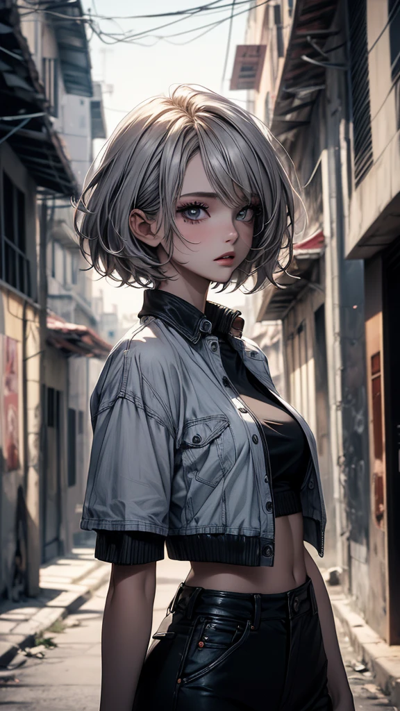 (masterpiece, High resolution, highest quality), ((20 year old woman, Composition from head to stomach, Upper body focus)), fashion pose, detailed eyes, Avant-garde makeup, messy short hair:1.2, ash gray hair, grunge fashion, blurred background, The deserted backstreets of Cuba:1.3, cinematic lighting, anime style, simple lines, digital painting,